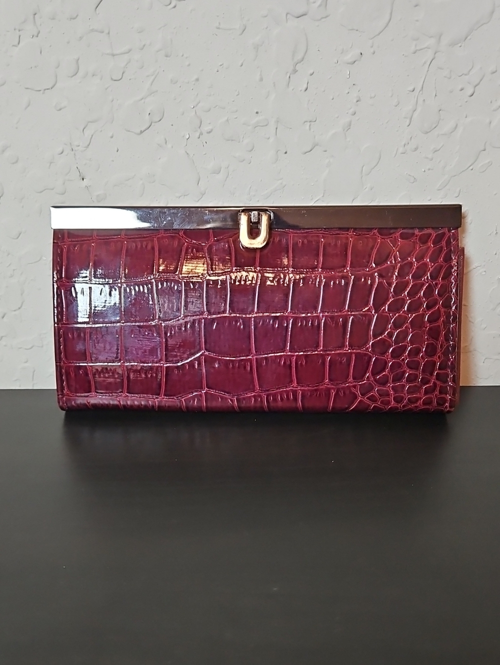 Burgundy Croc-Embossed Patent Clutch/Wallet